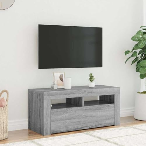 Meuble TV en Bois d’Ingénierie avec Éclairage LED, Style Moderne, Meuble d'Appoint, Armoire de Rangement, adapté au Salon et à l’Entrée, Couleur Gris Sonoma, 90x35x40 cm
