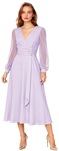 Vestido de gasa de manga larga para mujer con cuello en V, plisado, vestido de noche formal, vestido de invitada de boda, Lila, 44