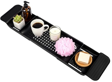 GREENSAPPIRE Bathtub Rack Expandable Bath Tray for Tub, Retractable Bathtub Caddy Bridge Shelf with Non-Slip Handles, Compact Bathtub Organizer for Book, Wine, Tablet, and Bathroom Accessories (Black)