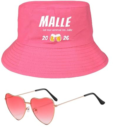 PIujsym Mallorca Accessoires Set, Fischerhut Damen und Herz Sonnenbrille Pink, Malle Hut, Festival Outfit Damen, Mallorca Party Outfit, Fischerhut Lustig