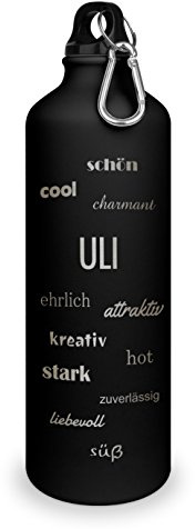 printplanet Trinkflasche mit Namen Uli - graviert mit Positive Eigenschaften, Aluminiumflasche mit Gravur, Sportflasche - matt schwarz