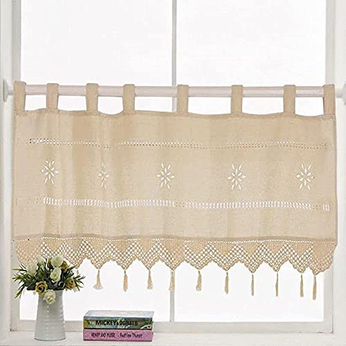 choicehot Kurzgardinen Landhausstil Scheibengardine Leinen Bistrogardine - 61cm Hoch Häkeln Gardine mit Quaste für Küchen Fensterschal mit Schlaufen 1 Stück, 61x152cm (HxB)