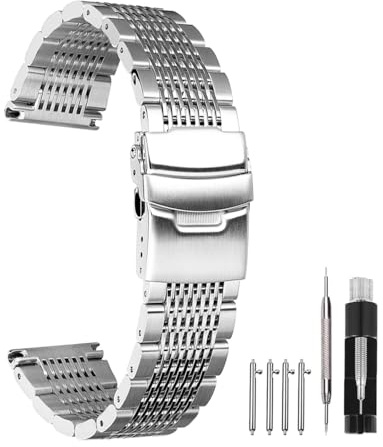Kai Tian Silber Schwarz Premium Metall Uhrenarmband Mesh Uhrenband für Männer Frauen Doppelschlösser Faltschließe Armbanduhr für Damen Herren Ersatz Edelstah Armband 18mm 20mm 22mm 24mm