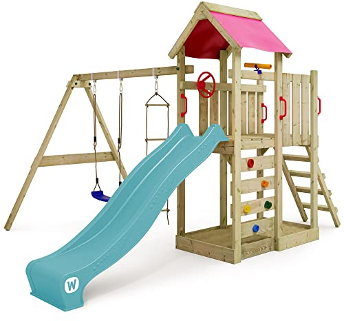 Parque Infantil WICKEY MultiFlyer con Columpio y tobogán Turquesa, Parque Infantil de Exterior con arenero, Escalera y Accesorios de Juego para el jardín