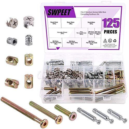 Swpeet 125Pcs 3 in 1 Cabinet Fixing Screw Locking Cam Bolt Nut Kit, Furniture Cam Fitting With Eccentric Fitting Side Connecting Pre-Inserted Nut Screw Eccentric Wheel