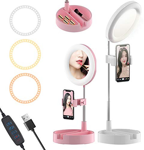 Selfie Ring Light with Makeup Mirror,Phone Holder,Extendable Stand, Desktop Storage,Dimmable Desk Makeup LED Ring Light,3 Lighting Modes Camera Ring Make Up Light for Portrait Video Shooting ,White