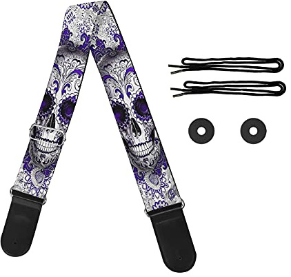 Jeiento Gitarrenzubehör Gitarrengurt Gitarrengurt Pad mit 1 Paar Gurtschlössern für Akustikgitarre, Bass, Totenkopf-Silber, M