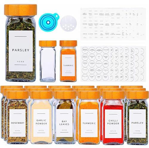 12PCS Bamboo Glass Spice Jars set - Square Glass Jars With Bamboo Lids - Waterproof Labels Stickers For Herbs, Spices & Seasoning - Kitchen Storage & Organisation - Spice Jars With Lids And Labels
