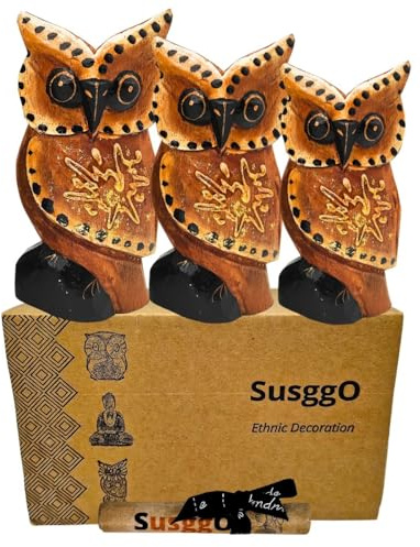 SusggO Set mit 3 Tierfiguren aus Holz, Glückseule, Glückskatze, Schildkröte, Fisch - Dekoration, handgeschnitzt, Kunsthandwerk, Ornament für Möbel (3 Eulen, braune Flügel, mit Stern, DR)