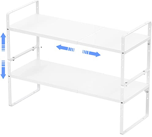 ARCCI Expandable Kitchen Cabinet Shelf Organizers 2 Pack, Stackable Metal Pantry Storage Shelves Rack, Adjustable Counter Shelf for Cabinets, Countertop, Cupboard Organizers and Storage, White