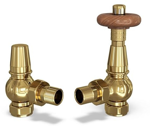 UK Radiators Polished Brass Thermostatic Radiator Valve and Angled Lockshield - Polished Brass Finish - Traditional Design 1/2 x 15mm Angled Radiator Valve