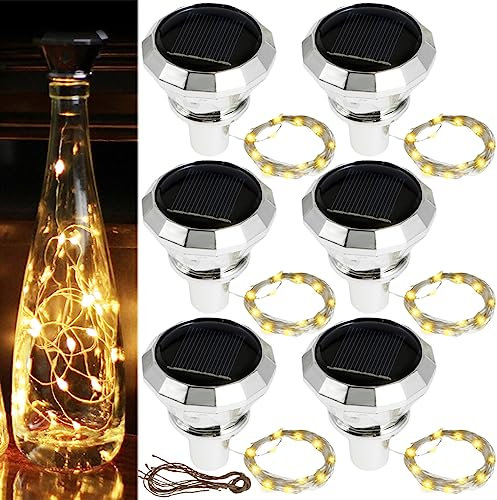 6Pcs Solar Wine Bottle Lights 2M 20 LEDs Solar String Lights for DIY Bottle Outdoor Waterproof Diamond Shaped Copper Wire Fairy String Lights for Wedding Party Holiday Christmas Patio Pathway Decor