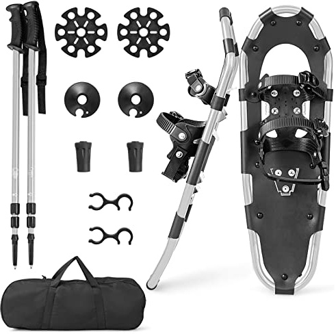 COSTWAY 53/63/78 cm snöskor med stigstöd, skostorlek 35–45, allround 4-i-1 för barn och vuxna, snöskoset av aluminium med bärväska kan belastas upp till 130 kg (78 cm, silver)