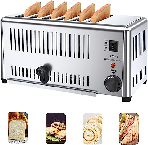 Tostadora de 6 rebanadas Tostadora comercial de acero inoxidable, Tostadora manual emergente, Ranuras extra anchas, Tostadora de pan de hamburguesa Bandeja extraíble para migas Tostadora ajustable
