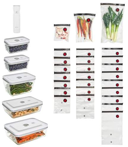 ZWILLING Fresh & Save Vakuum-Starter-Set, Vakuumiergerät, Vakuumiergerät, Vakuumbeutel, Mahlzeitvorbereitung, luftdichte Frischhaltedosen, Glas, 32-teilig