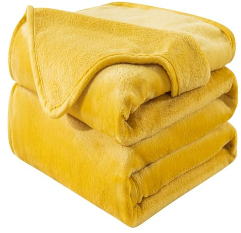 HOZY Plaid Couverture Polaire 220x240cm Jaune Doux et Chaude - 350GSM Couverture de Lit 2 Personnes et Plaid Canapé Flanelle - Réversible Double Face