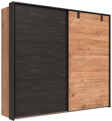 Lomadox Kleiderschrank Schwebetürenschrank 300 cm, mit Passepartout, Eiche mit Stahl Nb., Industrial Design