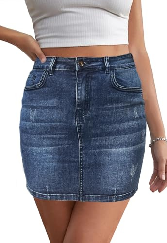JayscreateEU Damen A-Linie Jeansrock mit Tasche, Hüftrock mit Fransen und Taschensaum