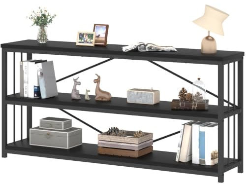 IBF 160 cm Breit Bücherregal Offenes Standregal Regal Vintage Schwarz | Modern Vintage Holz Eiche Stehend Ohne Bohren Arbeitszimmer Küche Kinderzimmer Plattenspieler Raumtrenner