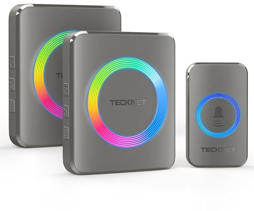 TECKNET Funkklingel, Kabellose Türklingel Funk Set 500m Reichweite, IP65 Aussen Wasserdicht Haustür Klingel mit 2 Plug-In-Empfänger und 1 Sender, Ring doorbell und Klingelknopf Mit LED-Blitz