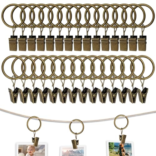 Gerhannery Anillas con Pinzas para Cortinas, Set de 30 Argollas para Cortinas, Metal Anillas Cortinas Ganchos Cortinas de Díametro Interior 32 mm Enganche Cortina (Cobre)
