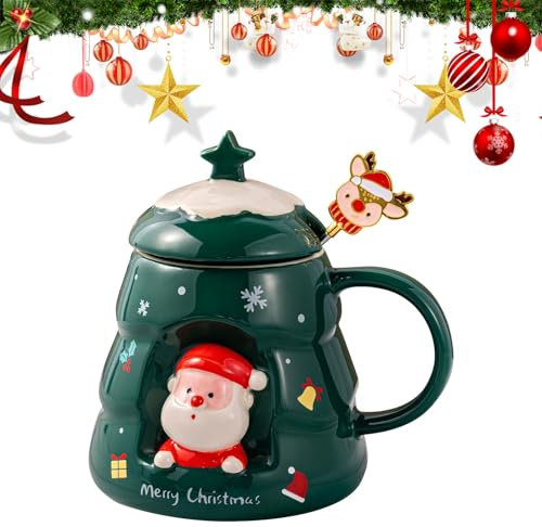 PLUSHCEWT Christmas Coffee Mug with Spoon 400ml Ceramic Christmas Tree Coffee Cup with Lid Festival Santa Reindeer Cute Xmas Tree Mugs Tea Cups for Parents and Friends for Holiday Christmas Party (A)