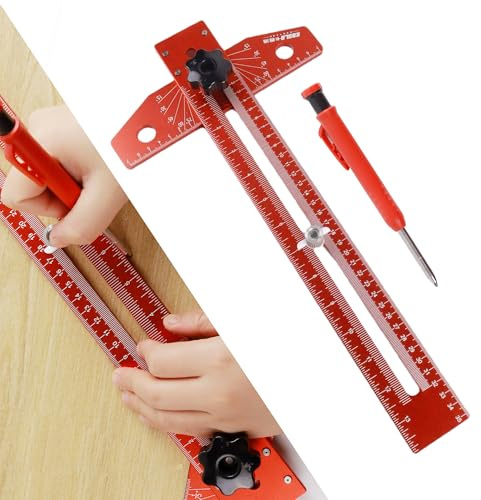 Zxfuture Woodworking Scriber Marking Line Ruler, T Type Woodworking Ruler 16 inch, Adjustable Aluminum Alloy Sliding T-Square Ruler, Precision Line Drawing aid Ruler with Angle Adjustment Scale(Red)