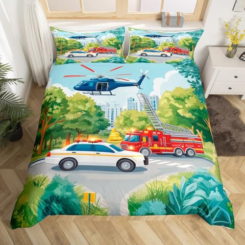 Feuerwehrauto Bettbezug Set S Größe,Kinder Jungen Flugzeug Polizei Auto Bettwäsche Set,Cartoon Auto Tröster Abdeckung,Teens Kind Schlaf Dekor,moderne Verkehrsfahrzeuge Quilt Cover,1 Kissenbezug