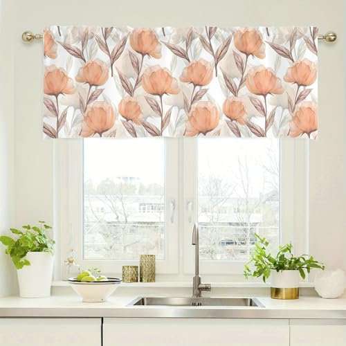 Beydodo Vorhang Blickdicht Kurz, Küchengardine Landhausstil Bedruckt Orange Blumen Muster 152x45CM Scheibengardine Bistrogardine Küche, 1 Stück