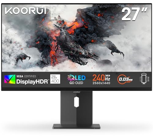 KOORUI S2721XO 27 Pollici Gaming Monitor, QHD 1440p Computer Monitors 2k, QD-OLED, UHD 240Hz, 0.03ms, HDMI(2.0)*2, Sync Adaptive Tecnologia, VESA (75mm*75mm), Eye Care, Inclinazione Regolabile