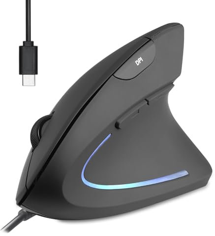 perixx PERIMICE-513C Wired Vertical USB-C Mouse, Ergonomic Right-Handed Design, 6 Buttons, Adjustable 1000/1600 DPI, 1.8m Cable, Black