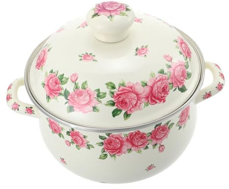 HOLIDYOYO Enamel Soup Pot Pink Rose Decorative Stew Pot Handheld for Instant Noodle