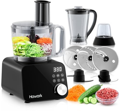 Howork robot de cuisine 1500W,Grande Capacité Robot Multifonction Cuisine, Pour Déchiqueter, Trancher,Hacher, Moudre, Faire des Smoothies, Hacher, Farcir et Faire de la Pâte, Acier Inoxydable Noir
