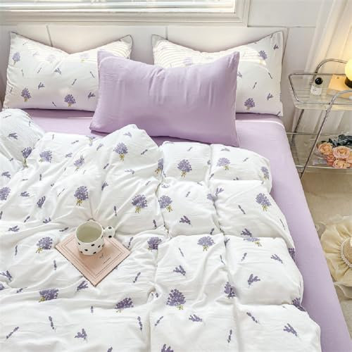 Lanqinglv Ropa de cama de 135 x 200 cm, color lila y lavanda con blanco, diseño de flores de microfibra, con certificado Öko-Tex color violeta, funda nórdica con cremallera y 1 funda de almohada de 80
