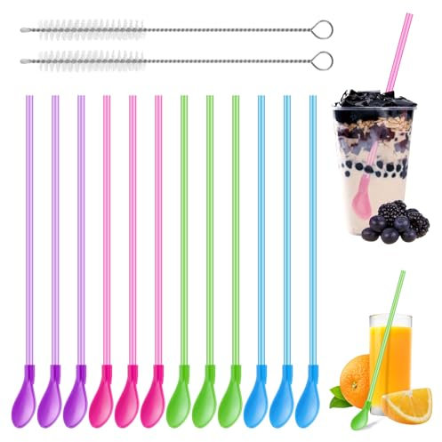 12 Pcs Straws Spoon 2 in 1,Plastic Straws Reusable,Plastic Spoons, Straw with Spoon with 2 Pcs Straw Brushes,Drinking Straws Spoons for Smoothie Milkshake Cocktail and Hot Drinks Multi-Color