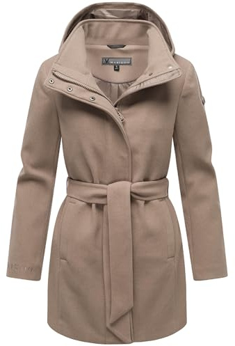 MARIKOO Damen langer Trenchcoat warme Übergangsjacke in Woll-Optik mit abnehmbarer Kapuze Katalinaa 16 Taupe Grey Gr. XS