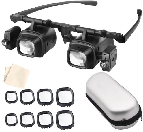 KUWUNG Lupenbrille mit Licht, Kopflupe mit Licht, Lupe Brille 2.0X 6.0X 10.0X 24.0X Austauschbare Vergrößerungslinsen, Hände Frei KopfbandLupe für Lesen, Elektriker, Nähen, Handwerk, Juweliere