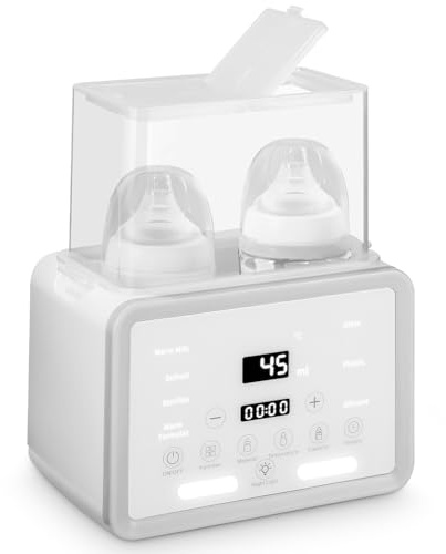 Calienta Biberones Doble 8-en-1, Esterilizador Biberones, Función de Descongelación, Pantalla LCD, luz nocturna, apto para calentar alimentos para bebés.
