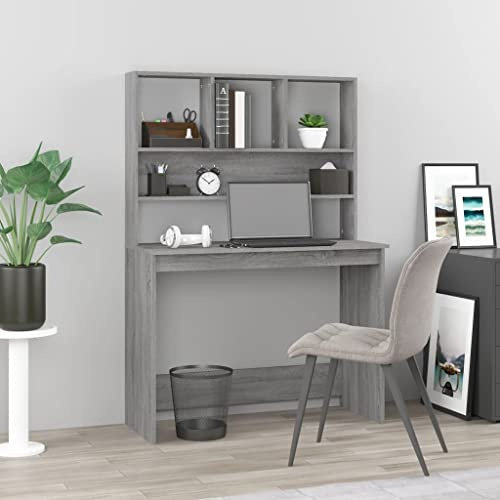 Myheimly Schreibtisch mit Regal, Computertisch mit viel Stauraum, Tisch für Wohnzimmer Büro, Bürotisch Arbeitstisch, Holzwerkstoff Grau Sonoma