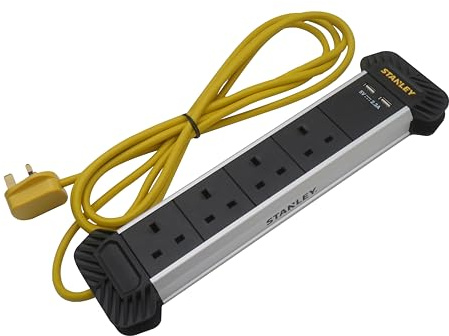STANLEY 3M Powerboard with Four 13 amp sockets and Two 2.4 amp USB B sockets - Easy to Transport Whilst Providing Space Saving Storage - Easily fits in a Toolbox or Bag