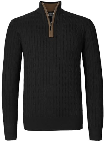 Atforna Jersey de punto para hombre con cuello alto, suéter de punto de invierno con media cremallera, jersey de punto con patrón de trenza, puños acanalados, Negro , L