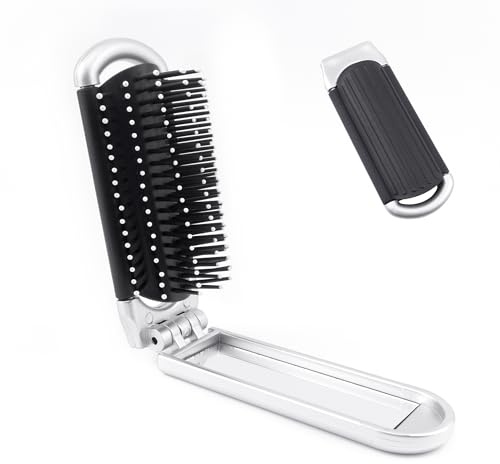 BlingKingdom Folding Hair Brush With Mirror, Small Compact Travel Portable Pocket Size Comb With Soft Bristles Styling Foldable Hairbrush for Travelling Swimming Gym Bag