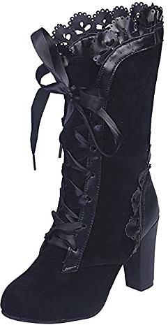 Bottines en cuir pour femme avec talon - Bottes à lacets pour femme - Noir gothique - Talon haut bloc - Bottes basses à bout rond - Bottes pour femme - Bottes en dentelle - Bottes de cowboy - Bottes
