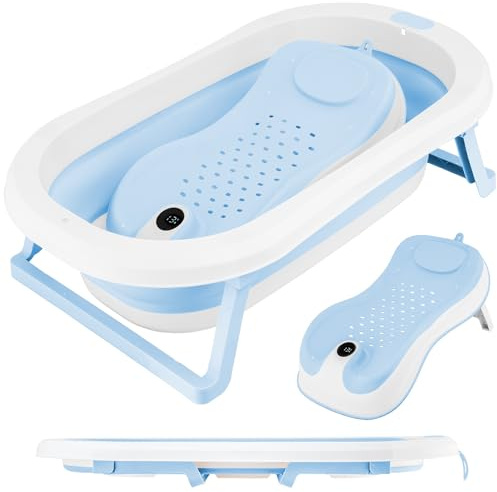 ALMAR Baby Bañera Plegable Bebé hasta 24 meses Azul con Termómetro en Asiento Reductor para Recien Nacido con Patas Antideslizante Indicador de Temperatura Compacta