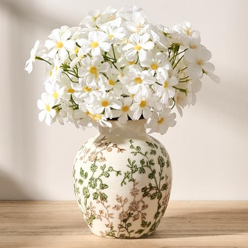 Grüne und Beige Antik Vase, 14,6 cm Chinoiserie Blumendesign, Rustikale Keramik Vase für Hausdekoration, Wohnzimmer, Bücherregal, Büro, Eingangsbereich, Grand Millennial Dekor, Chinoiserie Dekor