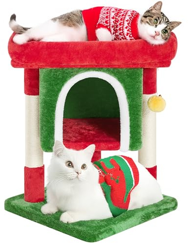 Yaheetech Arbre à Chat Design avec Niche et Plate-Forme Arbre-griffoir Tour pour Chat Hauteur 59cm Rouge/Vert