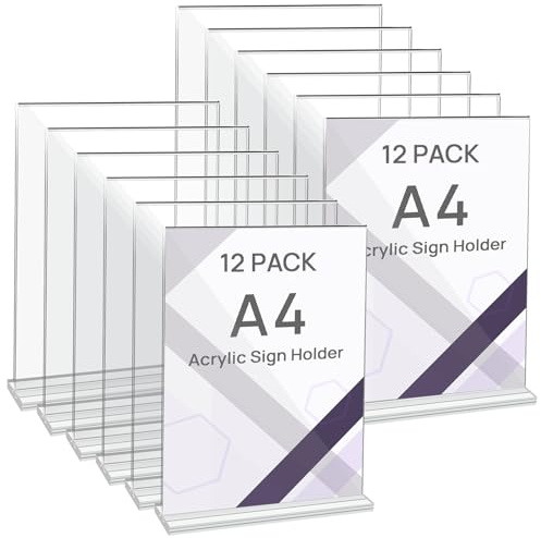 JEFURE A4 Acrylic Sign Holder, 12 Pack Clear Perspex Display Stands, T-shape Plastic Poster Stand, Double-sided Menu Holder for Home, Office, Store, Restaurant