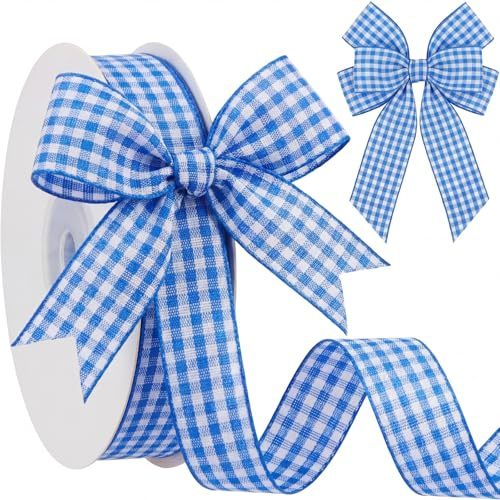 Xuniea Schleifenband Blau Weiß 16 mm x 27 m Kariert | Bayerisches Gingham-Karoband für Bierfest, Bayern-Deko, Tischdeko, Geschenkverpackung, Hochzeit und Floristik