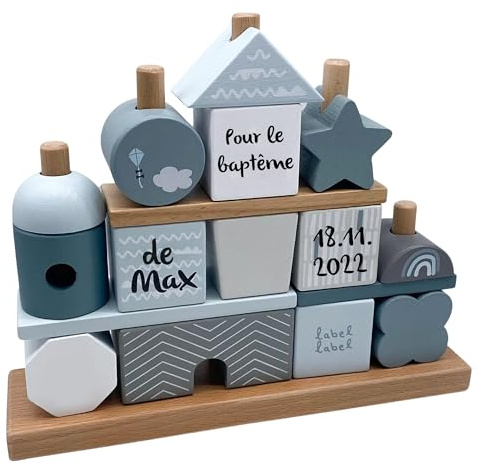 Personnalisable Maison de baptême en bois (Bleu) – favorise la motricité fine & l’imagination – pour enfants à partir de 18 mois – personnalisée avec le prénom et la date de baptême – Label Label