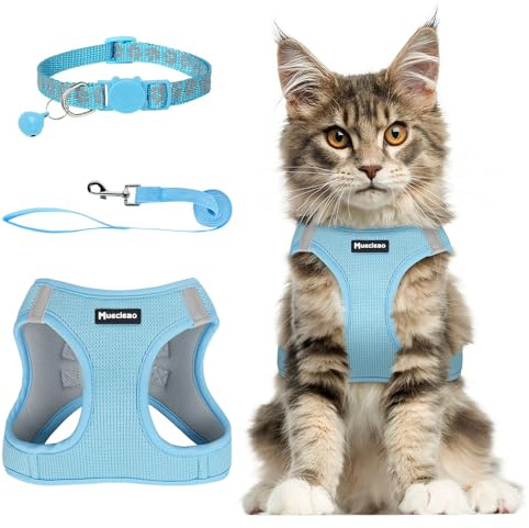Muecleao Katzengeschirr, Verstellbares Geschirr mit Leine für Katzen, Softgeschirr Katzengeschirr ausbruchsicher verstellbar Katzenweste für Katzen (Blau, XS)